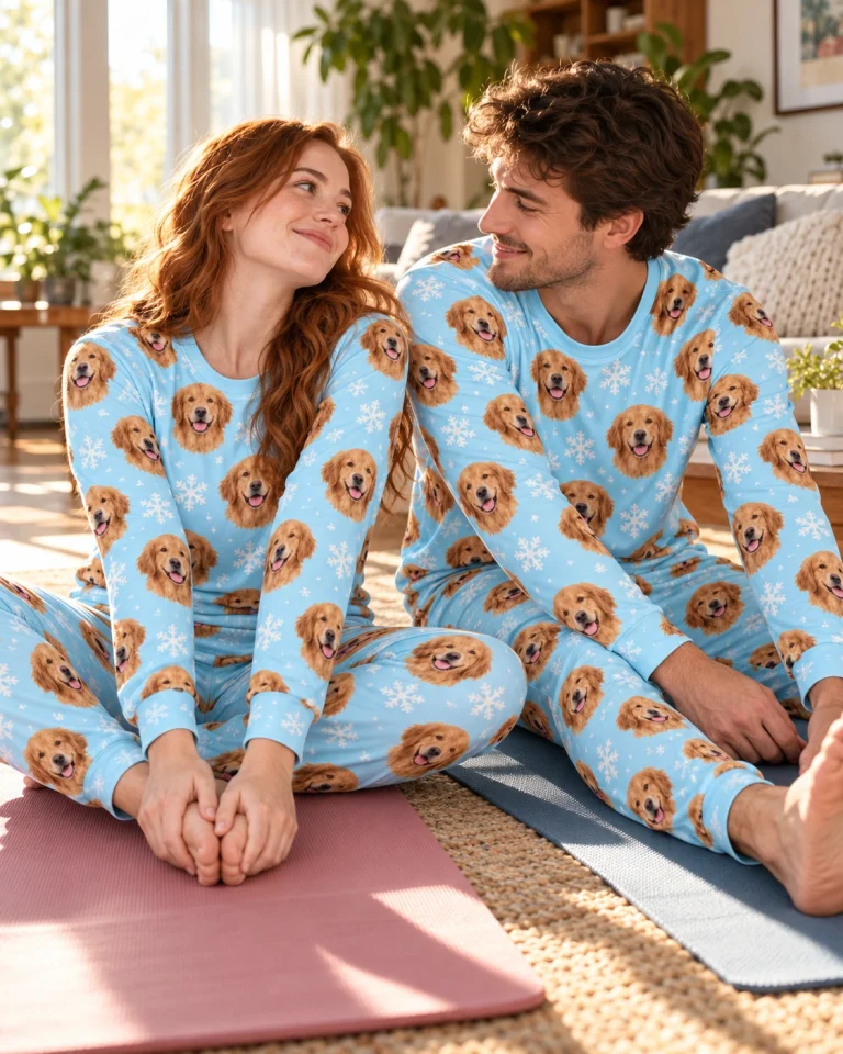 Woman and her partner in matching golden retriever matching pajamas with golden Golden Retriever faces — MyDogPics