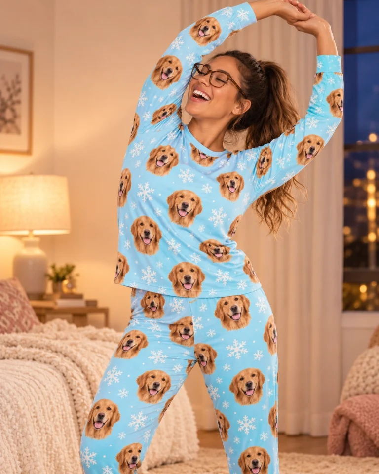 Side view of golden retriever matching pajamas with golden Golden Retriever faces on light blue snowflake fabric — MyDogPics