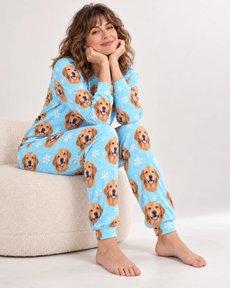 Woman sitting in golden retriever matching pajamas covered in golden Golden Retriever faces — MyDogPics