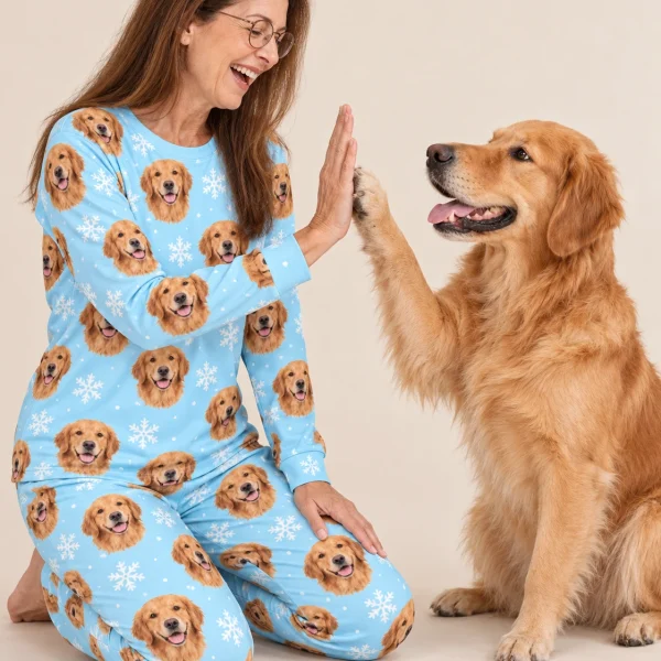 Woman in golden retriever matching pajamas with her Golden Retriever — MyDogPics