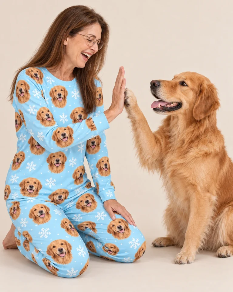 Woman in golden retriever matching pajamas with her Golden Retriever — MyDogPics