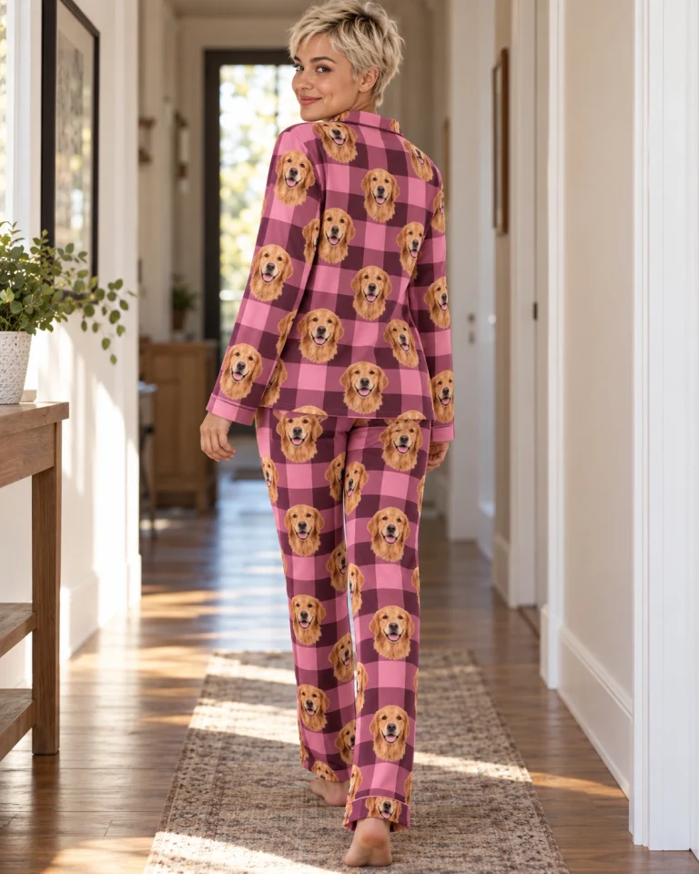 Back view of golden retriever mom pajamas: the print continues all the way round — MyDogPics