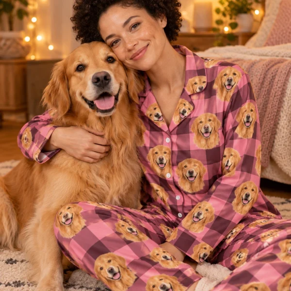 Woman in golden retriever mom pajamas cuddling her Golden Retriever — MyDogPics