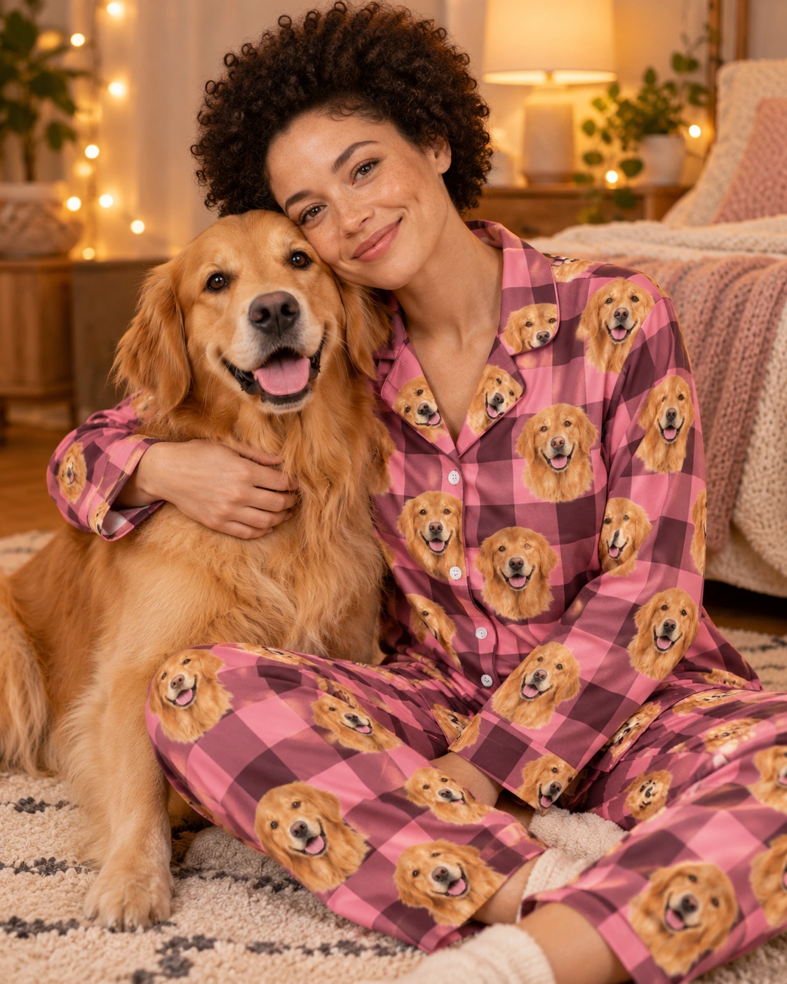 Golden Retriever Mom Pajamas – Cuddling Dog, Pink Plaid | MyDogPics Woman in golden retriever mom pajamas cuddling her Golden Retriever — MyDogPics