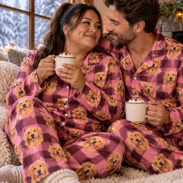 Woman and her partner in matching golden retriever mom pajamas with golden Golden Retriever faces — MyDogPics