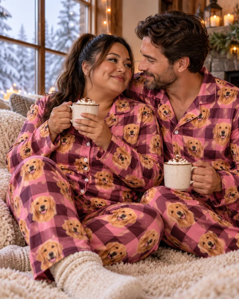 Woman and her partner in matching golden retriever mom pajamas with golden Golden Retriever faces — MyDogPics