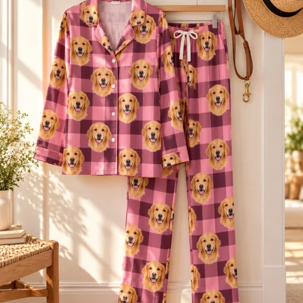 Flat lay of golden retriever mom pajamas: shirt and pants covered in golden Golden Retriever faces — MyDogPics