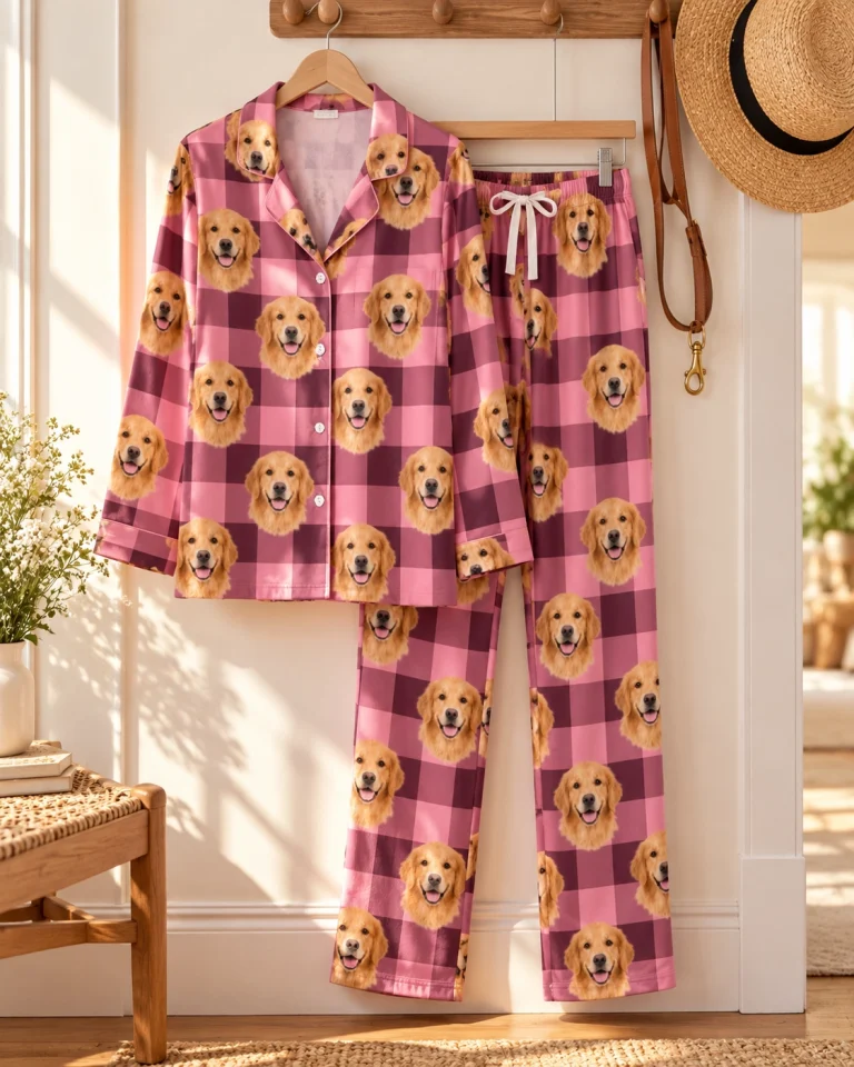 Flat lay of golden retriever mom pajamas: shirt and pants covered in golden Golden Retriever faces — MyDogPics