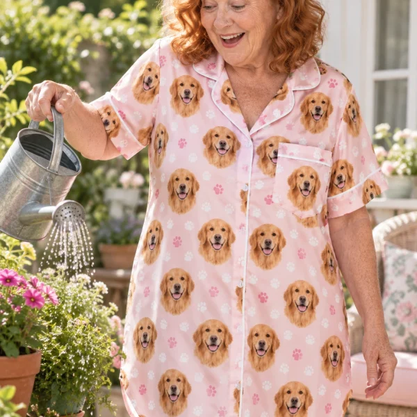 Woman posing in a golden retriever nightgown, golden Golden Retriever faces on blush pink paw-print satin — MyDogPics
