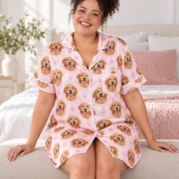 Woman sitting in a golden retriever nightgown covered in golden Golden Retriever faces — MyDogPics