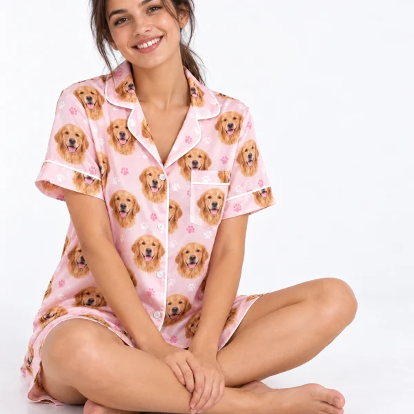 Woman sitting in a golden retriever nightgown covered in golden Golden Retriever faces — MyDogPics