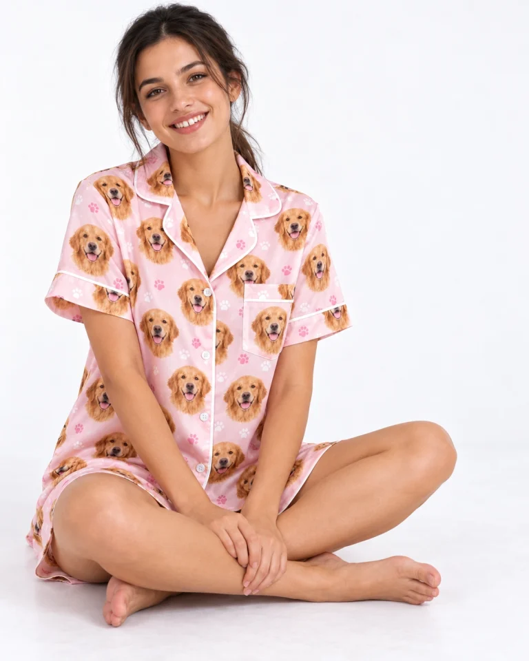 Woman sitting in a golden retriever nightgown covered in golden Golden Retriever faces — MyDogPics