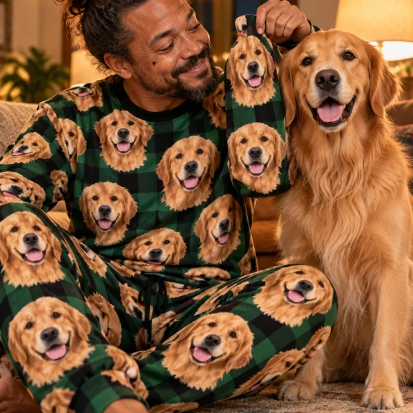 Man in a golden retriever pajama set cuddling his Golden Retriever — MyDogPics