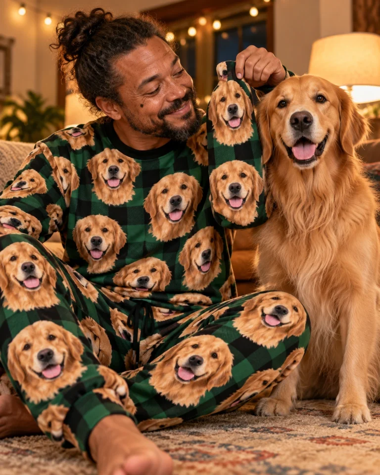 Man in a golden retriever pajama set cuddling his Golden Retriever — MyDogPics