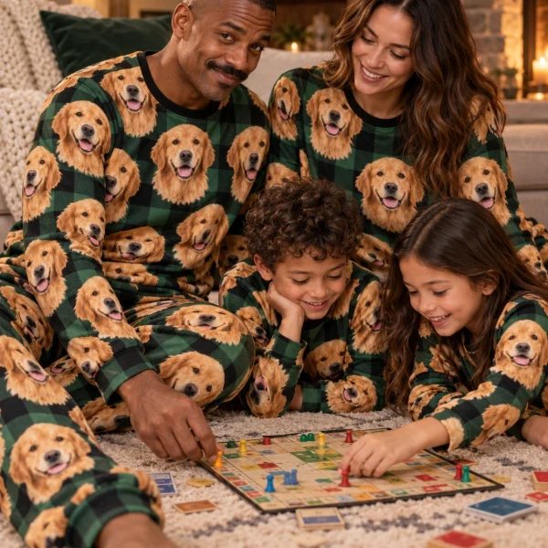 Man and his family in matching golden retriever pajama set with golden Golden Retriever faces — MyDogPics