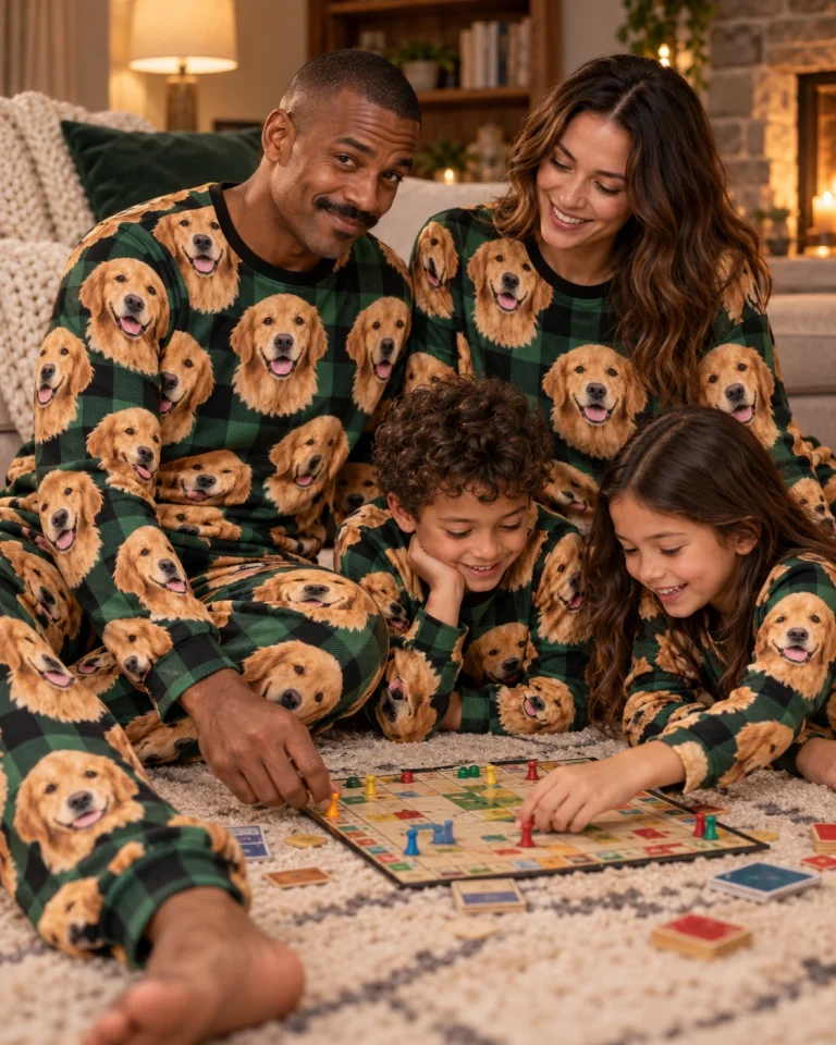 Man and his family in matching golden retriever pajama set with golden Golden Retriever faces — MyDogPics