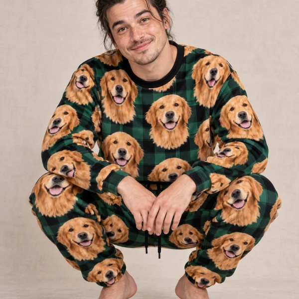 Man posing in a golden retriever pajama set, golden Golden Retriever faces on green plaid fabric — MyDogPics