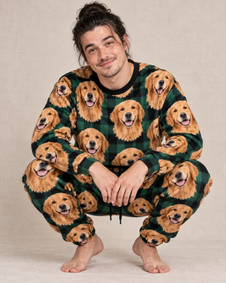 Man posing in a golden retriever pajama set, golden Golden Retriever faces on green plaid fabric — MyDogPics