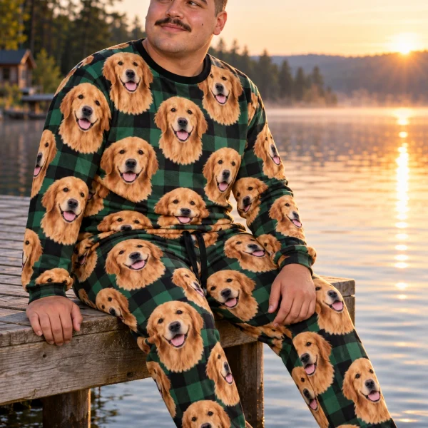 Man sitting in a golden retriever pajama set covered in golden Golden Retriever faces — MyDogPics