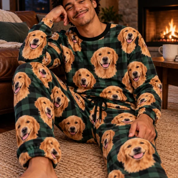 Man sitting in a golden retriever pajama set covered in golden Golden Retriever faces — MyDogPics