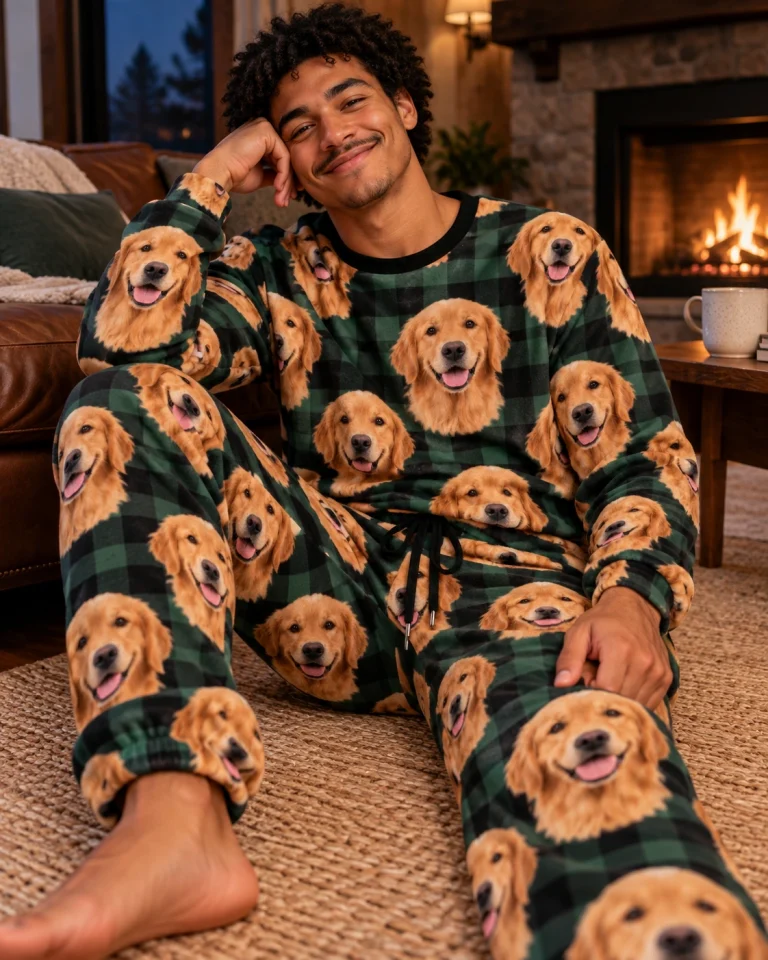 Man sitting in a golden retriever pajama set covered in golden Golden Retriever faces — MyDogPics