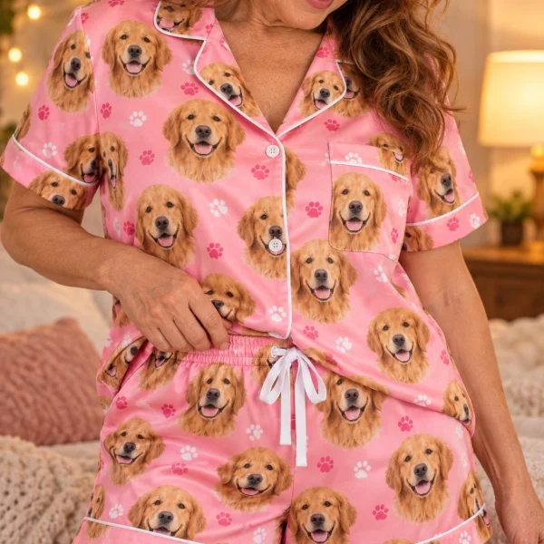 Close-up of the golden retriever pajama short set print: golden Golden Retriever faces on pink paw-print satin — MyDogPics