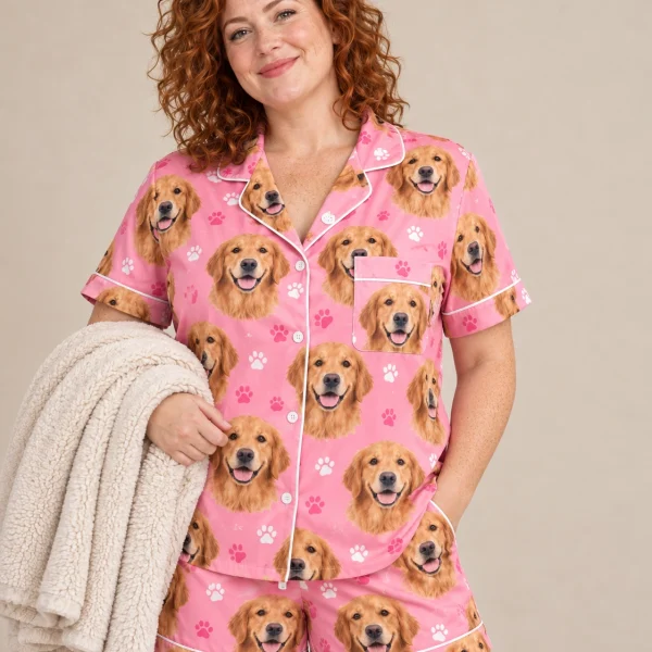 Woman wearing a golden retriever pajama short set covered in golden Golden Retriever faces — MyDogPics