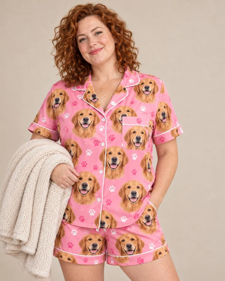 Woman wearing a golden retriever pajama short set covered in golden Golden Retriever faces — MyDogPics