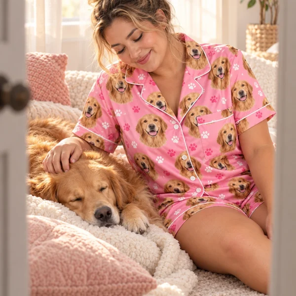 Woman in a golden retriever pajama short set with her Golden Retriever — MyDogPics