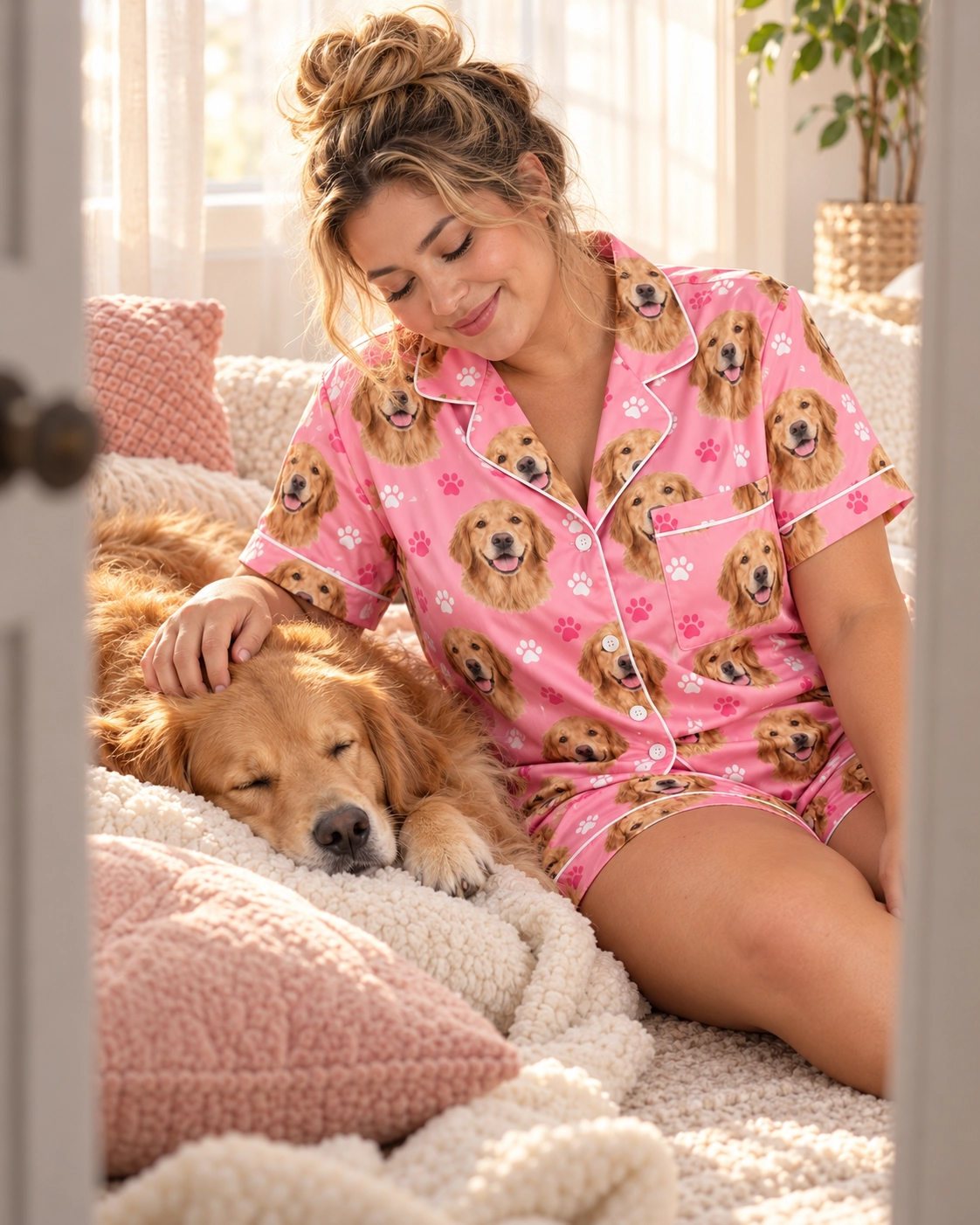 Golden Retriever Pajama Short Set – With Dog, Pink Paw-Print | MyDogPics Woman in a golden retriever pajama short set with her Golden Retriever — MyDogPics