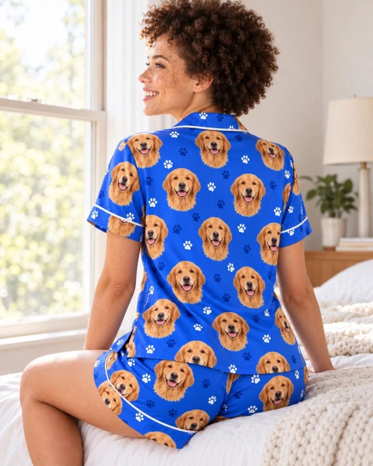 Back view of golden retriever pajama shorts: the print continues all the way round — MyDogPics