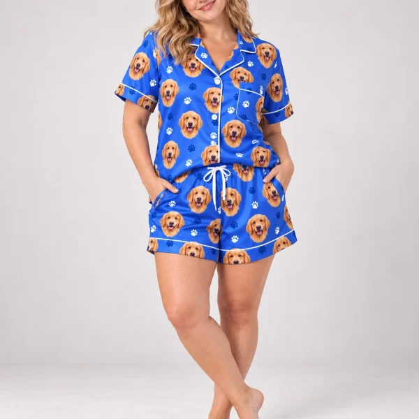 Woman wearing golden retriever pajama shorts covered in golden Golden Retriever faces — MyDogPics
