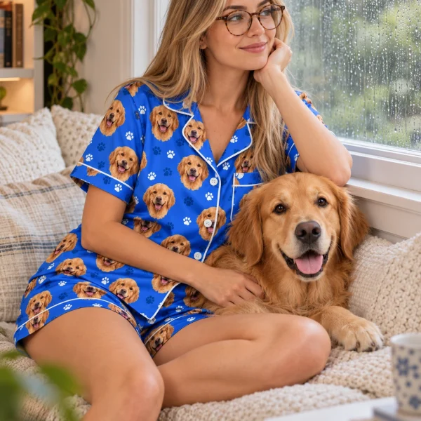 Woman in golden retriever pajama shorts with her Golden Retriever — MyDogPics