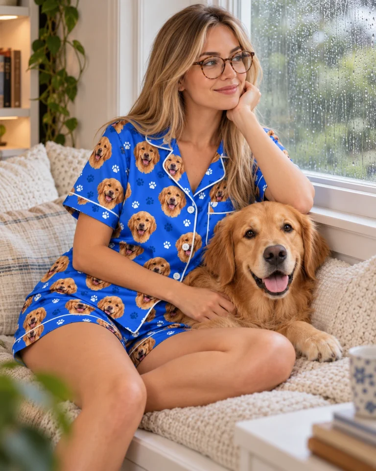 Woman in golden retriever pajama shorts with her Golden Retriever — MyDogPics