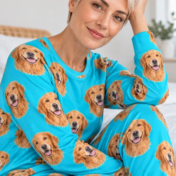Close-up of the golden retriever pajamas for adults print: golden Golden Retriever faces on teal fabric — MyDogPics