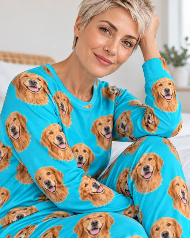 Close-up of the golden retriever pajamas for adults print: golden Golden Retriever faces on teal fabric — MyDogPics