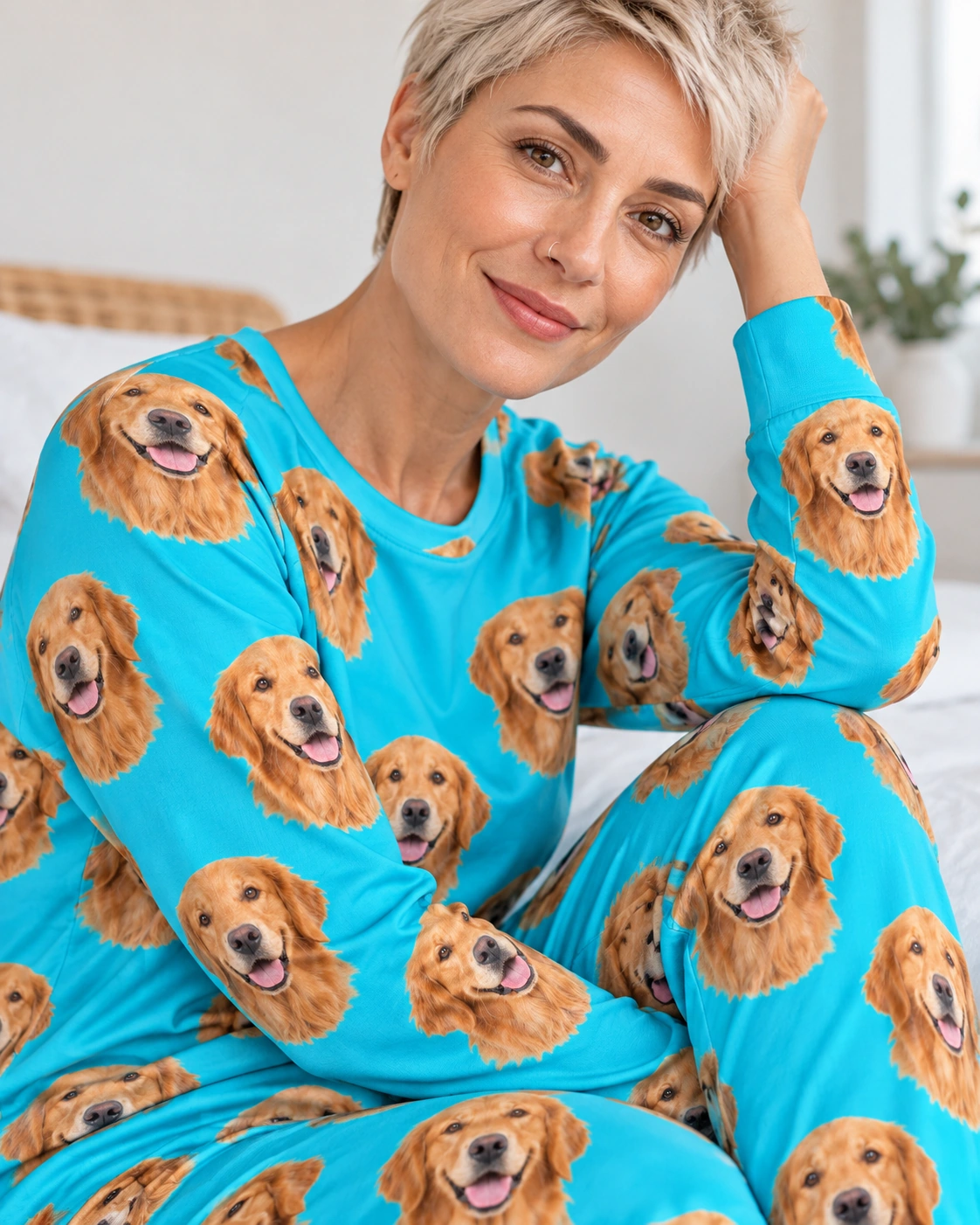 Golden Retriever Pajamas for Adults – Print Close-Up, Teal | MyDogPics Close-up of the golden retriever pajamas for adults print: golden Golden Retriever faces on teal fabric — MyDogPics