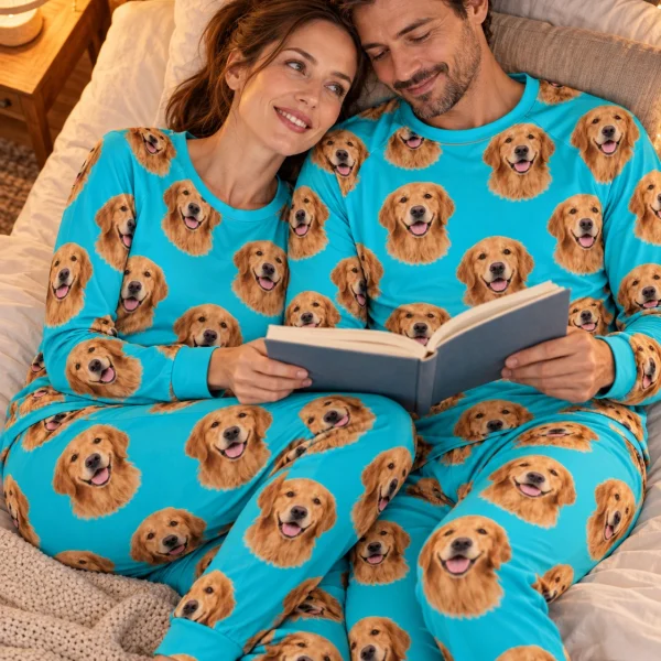 Woman and her partner in matching golden retriever pajamas for adults with golden Golden Retriever faces — MyDogPics