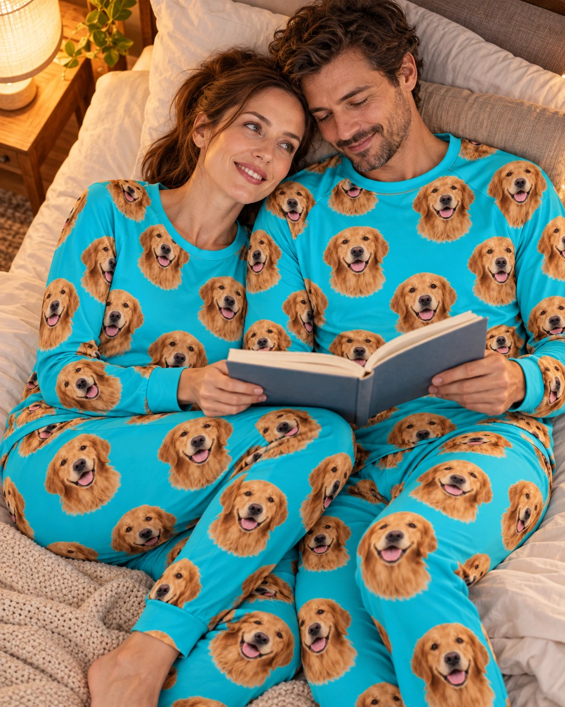 Golden Retriever Pajamas for Adults – Family, Teal | MyDogPics Woman and her partner in matching golden retriever pajamas for adults with golden Golden Retriever faces — MyDogPics