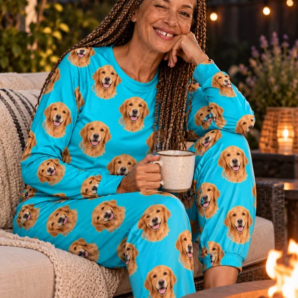 Woman sitting in a golden retriever pajamas for adults covered in golden Golden Retriever faces — MyDogPics