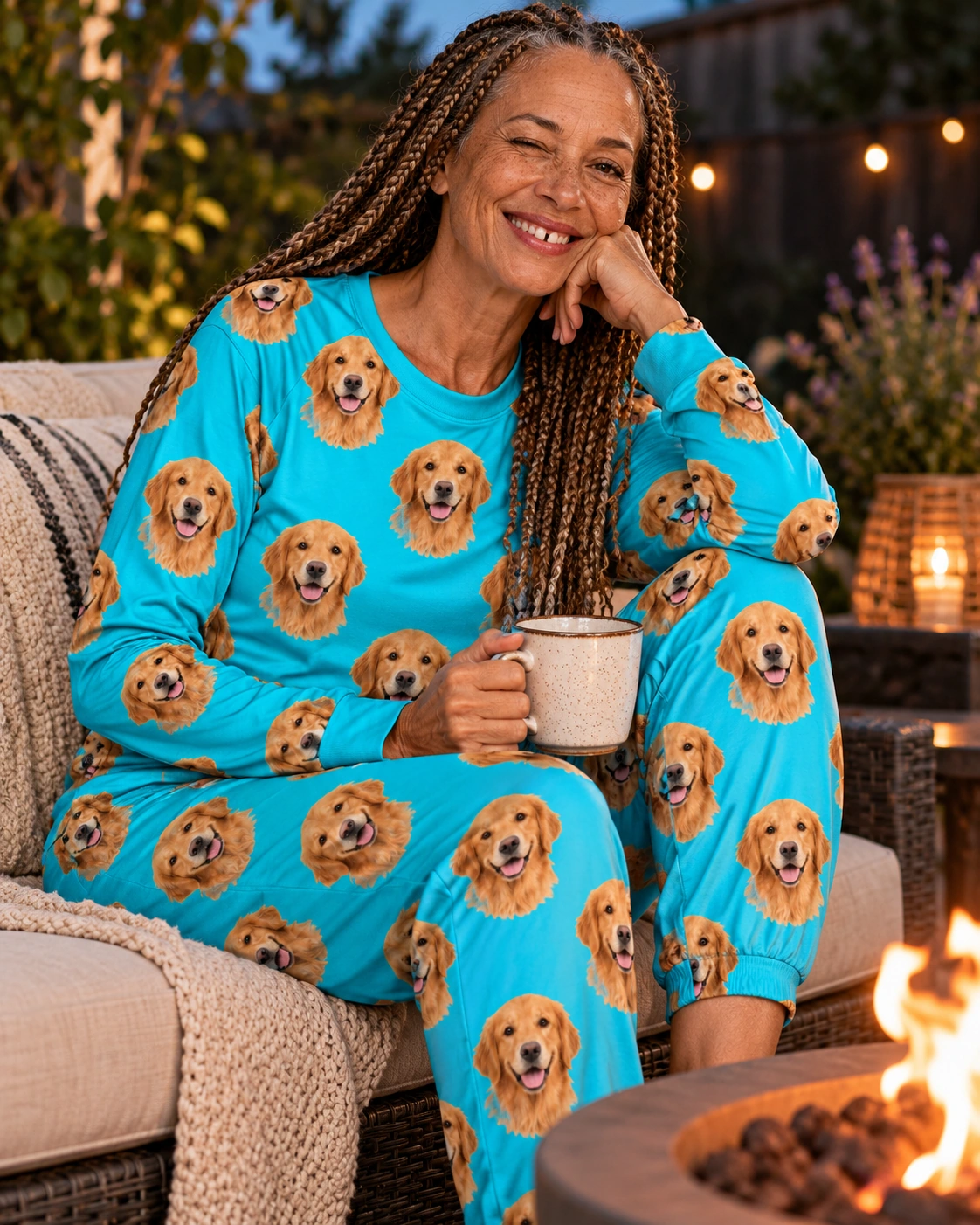 Golden Retriever Pajamas for Adults – Sitting, Teal | MyDogPics Woman sitting in a golden retriever pajamas for adults covered in golden Golden Retriever faces — MyDogPics