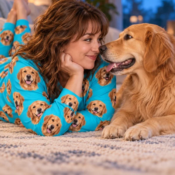 Woman in a golden retriever pajamas for adults with her Golden Retriever — MyDogPics