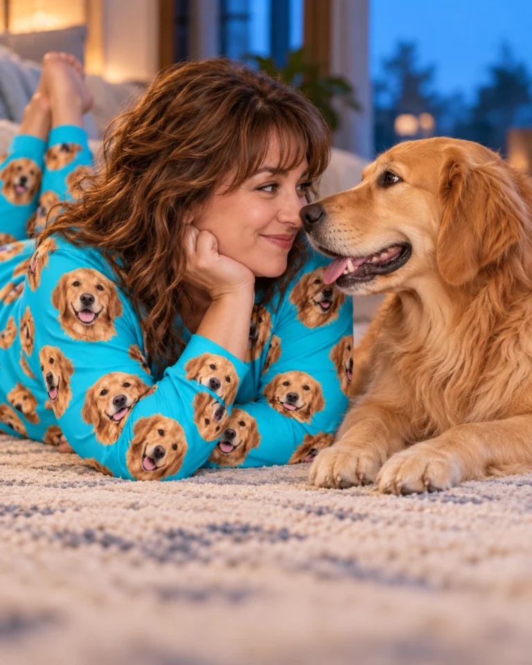 Woman in a golden retriever pajamas for adults with her Golden Retriever — MyDogPics