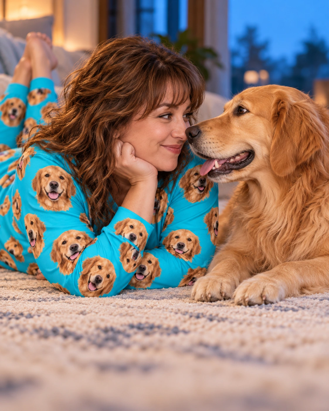 Golden Retriever Pajamas for Adults – With Dog, Teal | MyDogPics Woman in a golden retriever pajamas for adults with her Golden Retriever — MyDogPics