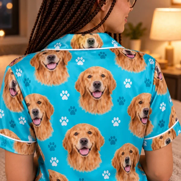 Back view of golden retriever print pajamas: the print continues all the way round — MyDogPics