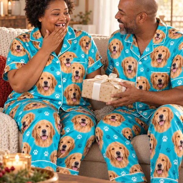 Woman and her partner in matching golden retriever print pajamas with golden Golden Retriever faces — MyDogPics