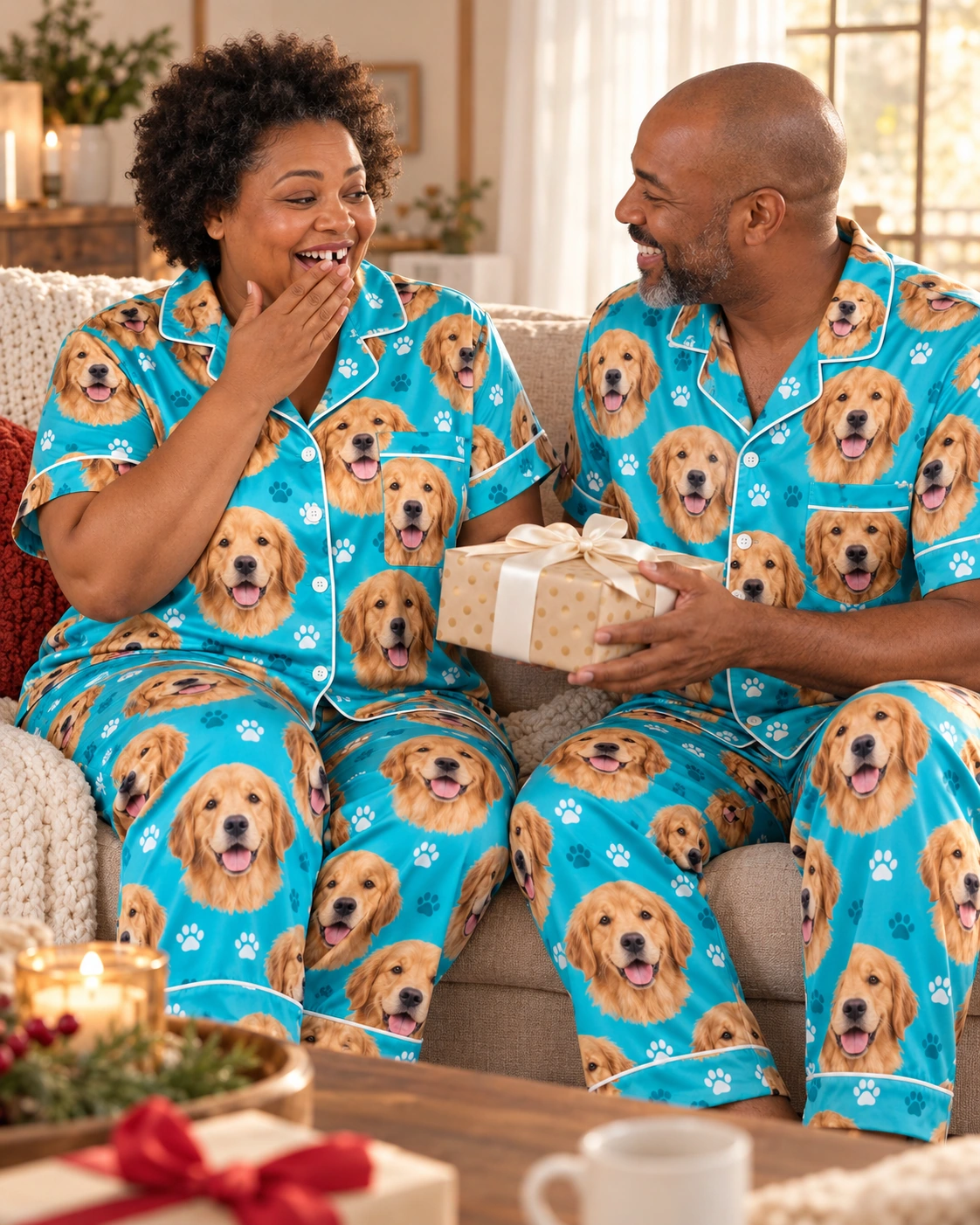 Golden Retriever Print Pajamas – Family, Teal Paw-Print | MyDogPics Woman and her partner in matching golden retriever print pajamas with golden Golden Retriever faces — MyDogPics