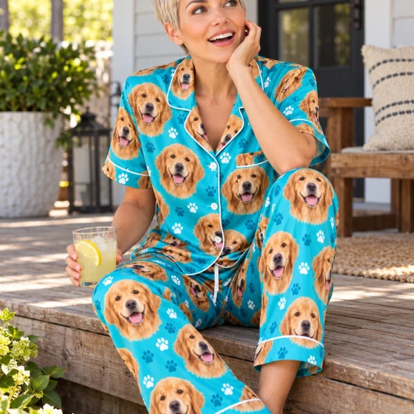 Woman sitting in golden retriever print pajamas covered in golden Golden Retriever faces — MyDogPics