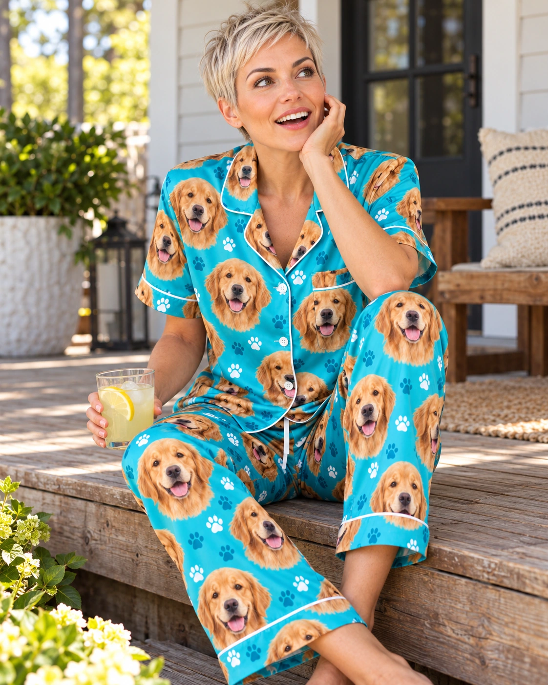 Golden Retriever Print Pajamas – Sitting, Teal Paw-Print | MyDogPics Woman sitting in golden retriever print pajamas covered in golden Golden Retriever faces — MyDogPics