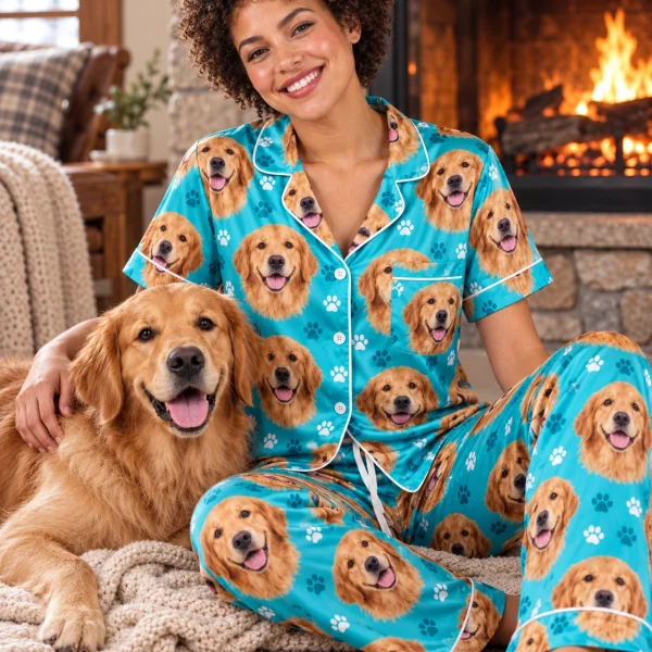 Woman in golden retriever print pajamas with her Golden Retriever — MyDogPics